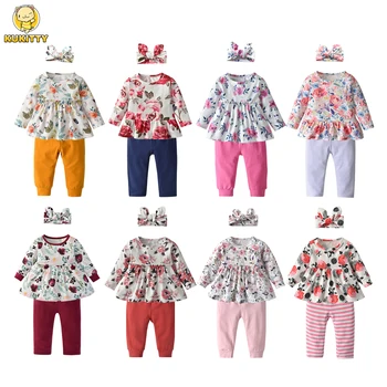 Комплект одежды для новорожденных малышей и маленьких девочек, милые повседневные топы и штаны с цветочным принтом, повязка на голову, весенне-осенняя одежда для новорожденных.