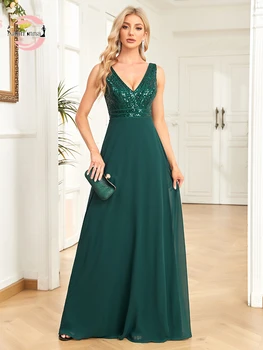 Fannonnaf Шифоновое Зеленое сексуальное платье трапециевидной формы с пайетками, винтажное вечернее платье на бретелях с V-образным вырезом, свадебное летнее платье на бретелях длиной до пола