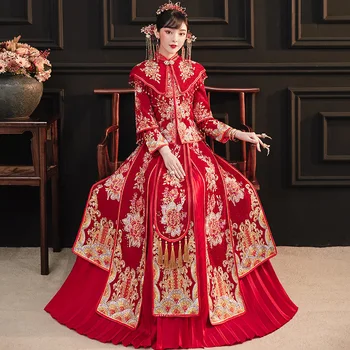 Китайское красное свадебное платье XiuHe, женский Чонсам, Золотое тонкое традиционное платье, женское Ципао для свадебной вечеринки