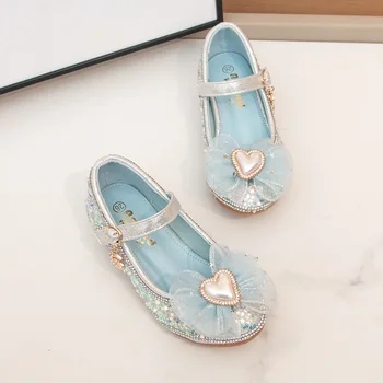 Детская обувь Mary Jane для вечеринок и свадебных показов Весна 2023 Года на низком каблуке Love Lace Bow Shine Блестки Кожаные туфли для девочек Простые