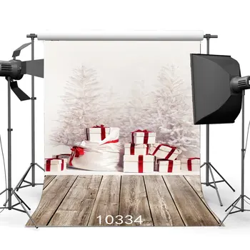 Фон для фотосъемки Рождественская Сосна Подарочная коробка Снег Винтажные полосы Деревянный пол Рождественские Фоны Фон с Новым Годом
