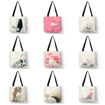 Сумки-тоут с акварельной ручной росписью, сумка через плечо с цветочным принтом милого кота для женщин, Женская офисная сумка, повседневные сумки для покупок