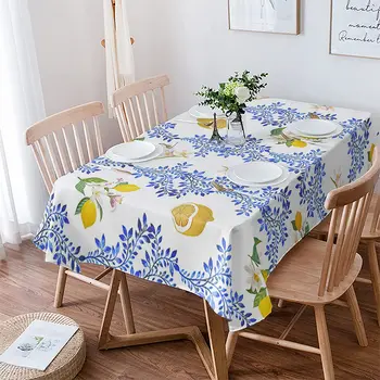 Летние Прямоугольные скатерти с лимонно-голубыми листьями, украшения для праздничных вечеринок, Водонепроницаемая скатерть для кухни, декор для столовой