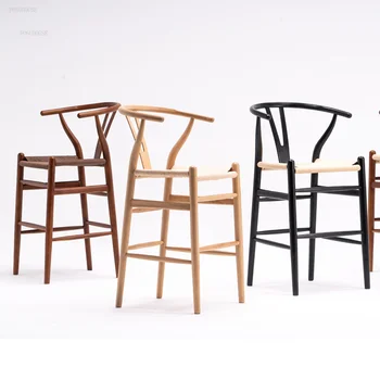 Барные стулья из массива дерева в скандинавском стиле, Минималистичный барный стул для кафе, барная мебель для креативного дома, барные стулья из ротанга со спинкой для отдыха