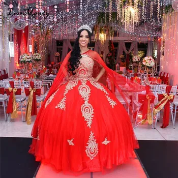 Красное Бальное Платье Quinceanera Dresses Long 2023 Роскошное Кружевное Платье Sweet 16 Pageant Со Съемными Обертками Vestidos de 15 quinceanera