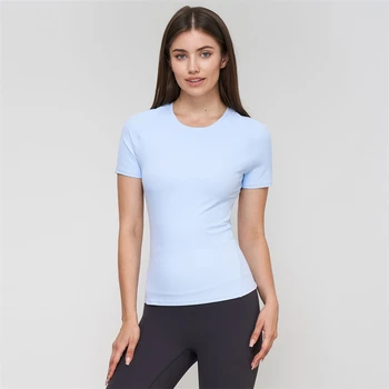 Рубашка для йоги в рубчик с короткими рукавами, женские топы для занятий спортом в тренажерном зале, укороченный топ для фитнеса, быстросохнущая облегающая повседневная футболка, одежда для тренировок