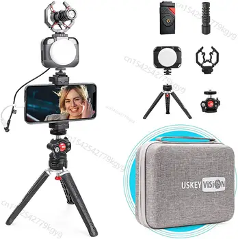 Комплект для видеосъемки для смартфона USKEYVISION с металлическим штативом Холодный Теплый видеосвет Металлический микрофон для видеосъемки влоггеров