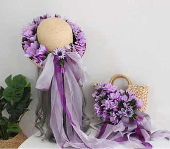 Женская соломенная сумка с фиолетовыми цветами 2023, пляжная сумка, дорожные сумки большей вместимости, плетеная сумка на плечо из пшеничного шеста со шляпой от солнца