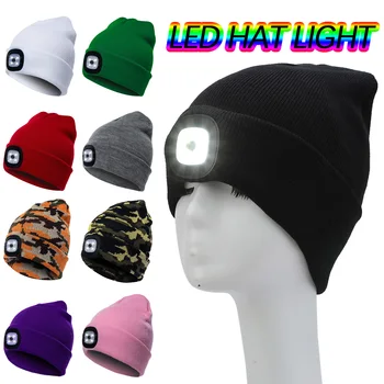 Мужская светодиодная вязаная шапочка со светом головного фонаря, перезаряжаемая через USB, мощная модная вязаная мужская Женская зимняя теплая шапка в стиле хип-хоп