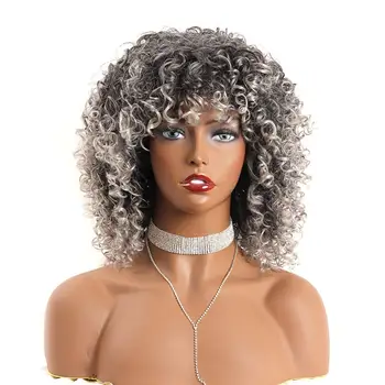 Пушистый волнистый синтетический афро-кудрявый парик с челкой, Кудрявые парики для чернокожих женщин, серые парики Омбре для повседневной носки