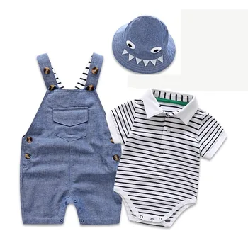 Полосатый комбинезон для новорожденного, Летний комплект одежды из 100% хлопка со шляпой и брюками, Одежда для мальчиков     