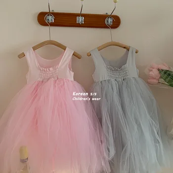 Детская одежда 2023, новое модное платье для девочек, Весна-лето, Газовый сарафан принцессы в корейском стиле, Милое простое платье для девочек