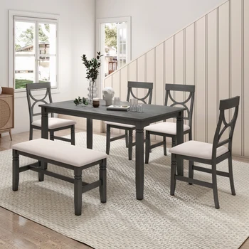 Обеденный стол из 6 предметов, кухонный стол с мягкой скамейкой и 4 обеденными стульями, фермерский стиль, серый