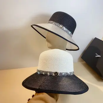 Летняя соломенная шляпа с широкими полями, сверкающими водяными бриллиантами, в тон тонкой траве, модная и уникальная пляжная женская шляпа от солнца