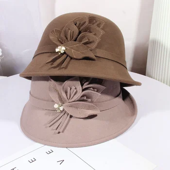 Женские кепки в британском стиле, Осень-зима, тепло, имитация шерсти, Фетровая шляпа, Шляпа с листьями и цветами, женские шляпы-ведра