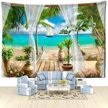 Пейзаж с пляжной дощатой дорожкой, гобелен, висящий на стене, богемный тропический пейзаж, минималистский декор комнаты, фоновая ткань