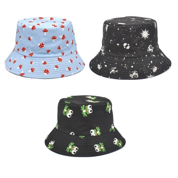 Хлопчатобумажная рыбацкая шляпа Унисекс в стиле хип-хоп, шляпа-панама с милым грибом / лягушкой / Звездным небом, складывающаяся для защиты от солнца на открытом воздухе