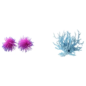 2 X Силиконовый Аквариум с коралловым орнаментом для аквариума-Фиолетовый и 1X Светло-голубой Искусственный Пластиковый коралл для аквариума