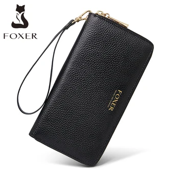 Женский длинный кошелек FOXER из воловьей кожи, классический женский кошелек для монет, сумка для мобильного телефона, денег, простой клатч с браслетом, держатель для карт