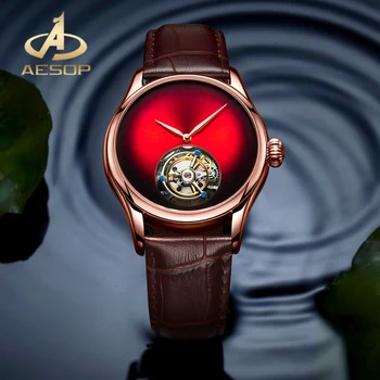 Красный циферблат AESOP, корпус из розового золота AAA +, настоящие механические мужские часы с турбийоном, простые водонепроницаемые часы из двустороннего сапфирового стекла