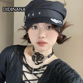 Весенне-летняя готическая шляпа газетчика в стиле харадзюку со звездами в темно-синем стиле, панк-гитара y2k Shibuya, уличная одежда, берет со специями, женская кепка