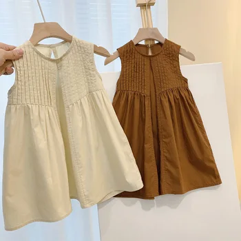 Пасторальное платье без рукавов для маленьких девочек, одежда для новорожденных, детская летняя модная однотонная хлопковая одежда принцессы