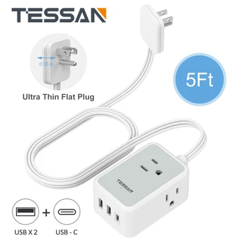 Ультратонкий блок питания TESSAN 6 в 1 с 3 розетками переменного тока и 3 USB (1 USB C), Небольшой плоской вилкой и удлинительным шнуром длиной 5 футов