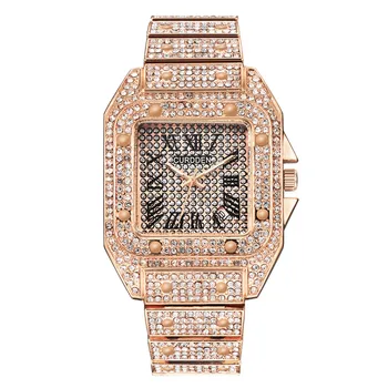 Модные мужские часы с бриллиантами, элегантные квадратные наручные часы с ремешком из нержавеющей стали, водонепроницаемые цифровые часы.