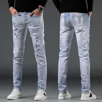 Джинсы с прямыми дырками, мужские джинсы в стиле хип-хоп, уличный хип-хоп, облегающие, рваные, модные, выстиранные, повседневные, шикарные длинные джинсовые брюки Four Seasons