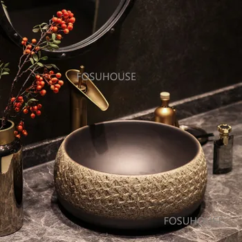 Керамический умывальник в марокканском стиле для мебели для ванной комнаты, настольный таз для художественной резьбы, Односторонний Бытовой таз для ванной комнаты