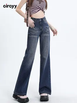 Джинсы Женские с высокой талией, широкие джинсовые расклешенные брюки в стиле пэчворк, брюки Весна 2023, уличная одежда, Винтажный синий цвет, мода Y2K, прямые