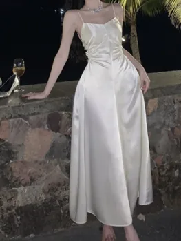 Свадебное платье на ацетатном атласном ремешке с открытой спиной, Шелковистое Длинное платье для выпускного вечера, перекрещивающееся vestidos verano mujer fiesta elegante femme