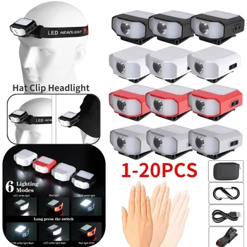 6 Режимов подсветки крышки USB Перезаряжаемый датчик, зажим для шляпы, налобный фонарь, водонепроницаемый фонарик, зажим для головы, рыболовные фары для улицы