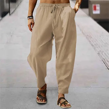 2023 Весенне-летние мужские Повседневные пляжные Длинные брюки, Однотонные хлопковые льняные брюки со свободным шнурком, мужские Модные брюки