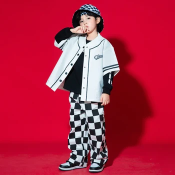 Детская одежда в стиле хип-хоп, Белая куртка с коротким рукавом, Топы, Клетчатые Мешковатые Брюки для девочек и мальчиков, костюм для уличных танцев, одежда для джазовых шоу