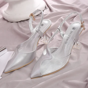 Вечерние босоножки на высоком каблуке, дизайнерская обувь для показа прозрачного ПВХ, черного, золотого и серебряного цветов, женская обувь с острым носком, модная, сексуальная