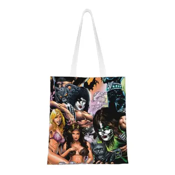 Модные сумки для покупок Kiss Band Rock Heavy Metal Band, многоразовые холщовые сумки для покупок, сумка для покупок через плечо