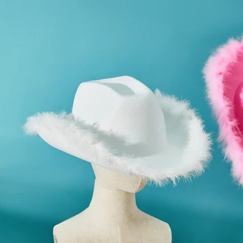 Женская ковбойская шляпа, однотонная шляпа с меховой отделкой и широкими полями для взрослых, женская кепка для вечеринки знакомств