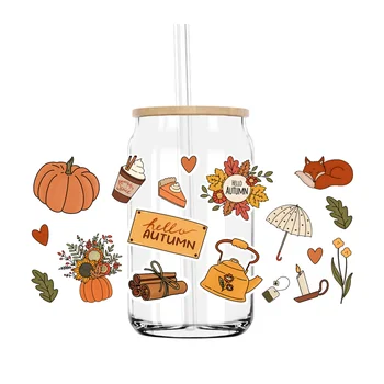 16 УНЦИЙ УФ-обертки для чашек DTF, наклейки для переноса Осеннего сезона, тыквенные дизайны для DIY Libby Glass, Водонепроницаемые наклейки на заказ