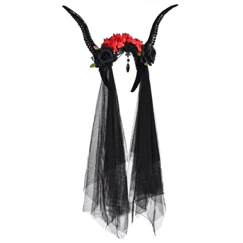 Готический Овечий рог, Декоративная повязка на голову из розы и тюля, головной убор Дьявола, головной убор на Хэллоуин, аксессуары для косплея, аксессуары для волос
