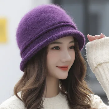 Новая зимняя женская вязаная шерстяная шапка из кроличьей шерсти, утолщенная теплая кепка для бассейна, модный берет для улицы
