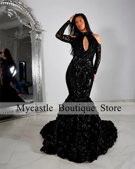 Блестящие черные платья Русалки с пайетками для выпускного вечера 2023 года для чернокожих девушек, вечерние платья с 3D цветами и длинными рукавами, элегантное платье