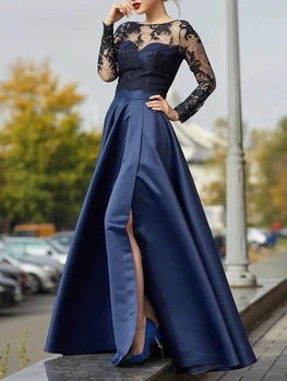 Сексуальное Темно-синее Вечернее платье с Кружевными аппликациями, Вечернее платье Трапециевидной формы с Разрезом по бокам, с длинным рукавом для Особых случаев