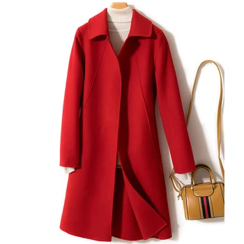 Новая осенняя Корейская тонкая Двусторонняя кашемировая шерстяная куртка средней длины, Женская верхняя одежда, Бежево-красное шерстяное пальто с длинным рукавом, женское