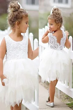Платье с цветочным узором для девочек, Милое Белое тюлевое кружевное платье без рукавов для свадьбы, дня рождения, платья для первого причастия