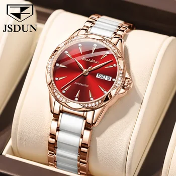 Женские механические часы JSDUN люксового бренда с автоматическим управлением, оригинальный керамический ремешок, сапфировое зеркало, водонепроницаемый Элегантный женский браслет
