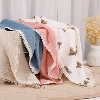 Двухслойное Муслиновое пеленание, хлопчатобумажные детские одеяла, кружевное одеяло для новорожденных, Постельные принадлежности для новорожденных, покрывало для матери и ребенка