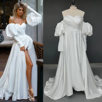 Свадебное платье без бретелек с длинными рукавами-фонариками, сшитое на заказ, прямая поставка, плюс размер, молния, простое роскошное свадебное платье из крепа
