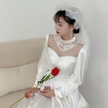 Простое атласное свадебное платье чайной длины с длинными рукавами, кружевное свадебное платье с высоким воротом в корейском стиле для частного брака
