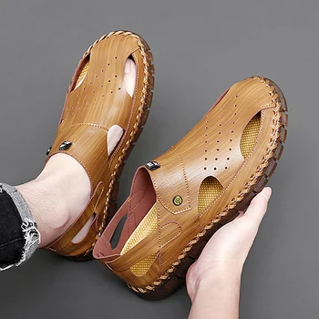 Мужские сандалии; Летняя Повседневная обувь из дышащей кожи на открытом воздухе; Высококачественные Брендовые Дизайнерские Римские прогулочные кроссовки; Большие размеры 38-47